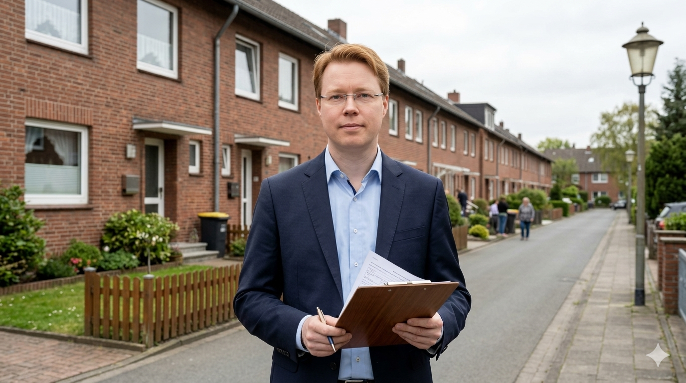 Immobiliensachverständiger Sebastian Fesser steht auf einer Wohnstraße in Hannover