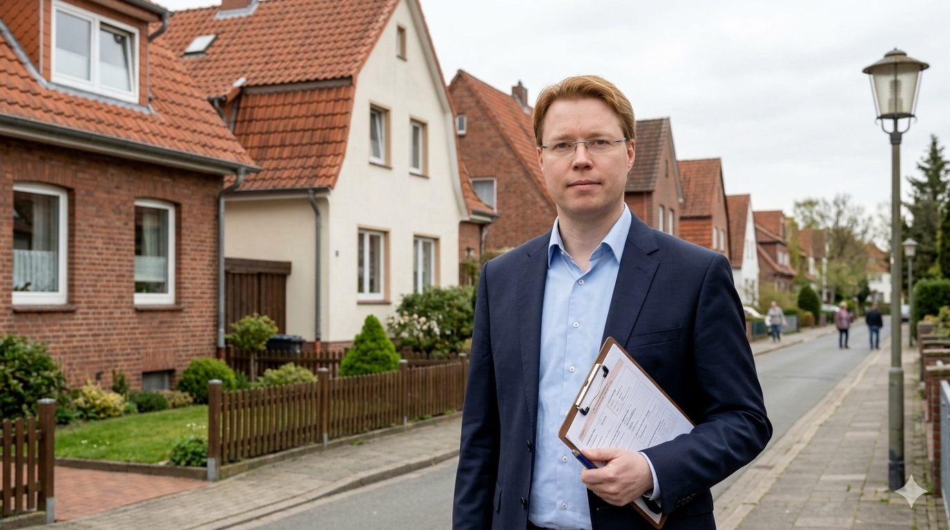 Immobiliensachverständiger mit Klemmbrett steht vor Wohnhaus in Hannover