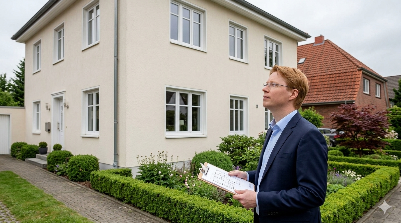 Zertifizierter Gutachter bewertet ein Haus in Hannover mit Unterlagen und Grundriss