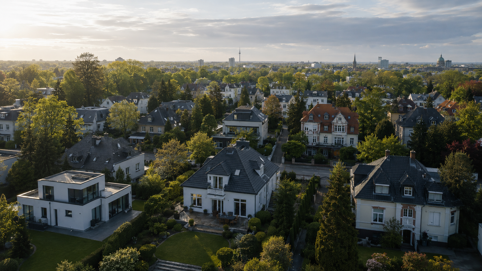 Upscale residential neighborhood in Hannover with modern and traditional homes during soft morning daylight.