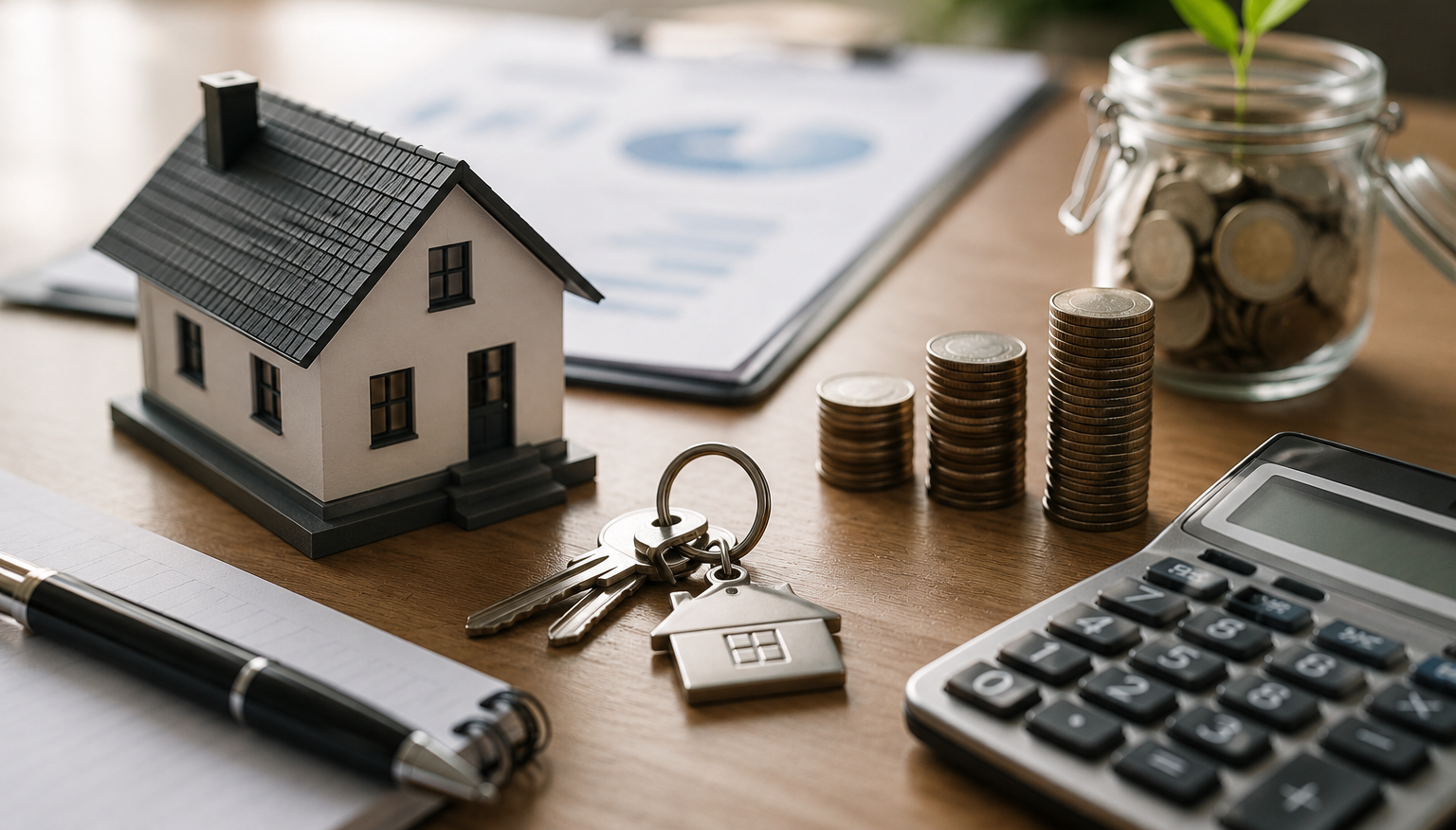 Spekulationssteuer Immobilien mit Hausmodell, Verkaufsunterlagen, Taschenrechner und Vertrag auf einem Schreibtisch zur steuerlichen Planung beim Immobilienverkauf.