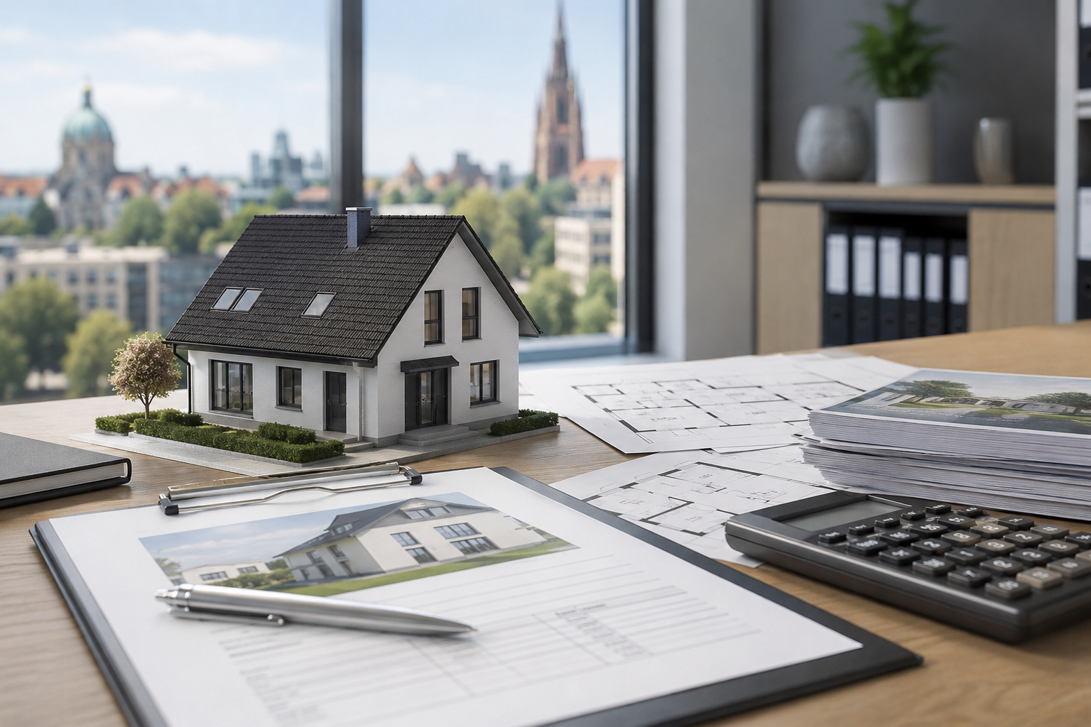 Immobilienbewertung Kosten Hausmodell mit Bewertungsunterlagen und Kalkulation in Hannover